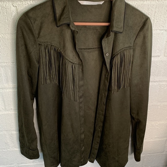 Zara Faux Suede Green Fringe Button Down Lightweight Jacket Shirt sz XS - Picture 5 of 9